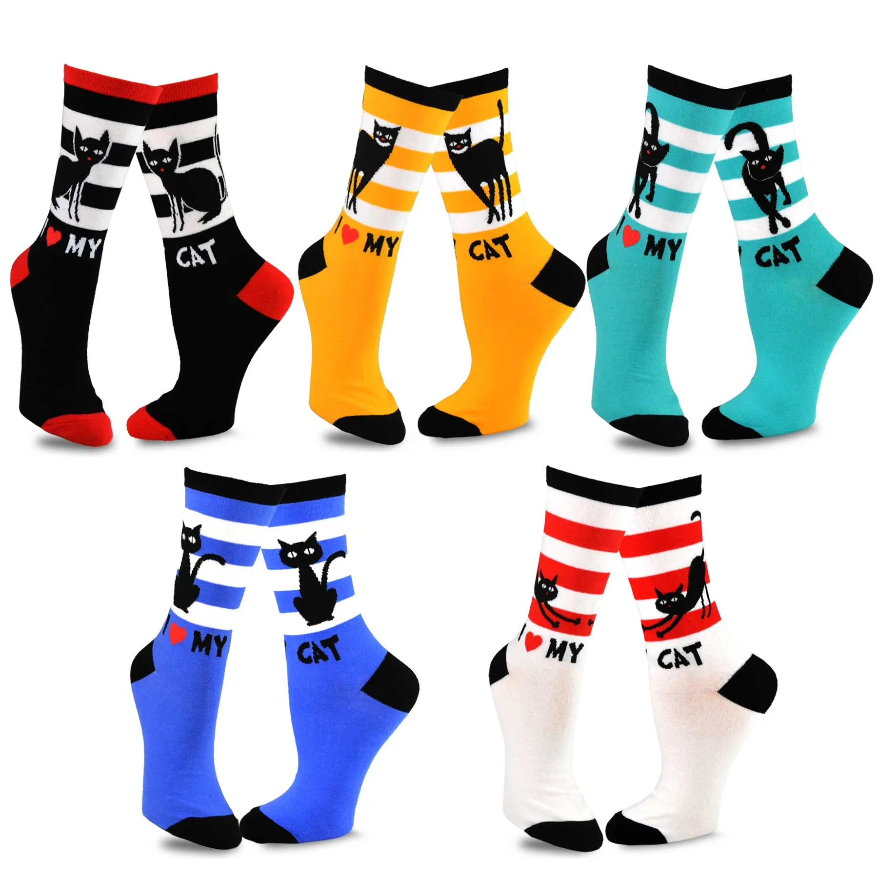 TeeHee Socks Women's Novelty Cotton Crew Cat Stripe 5-Pack (11989)