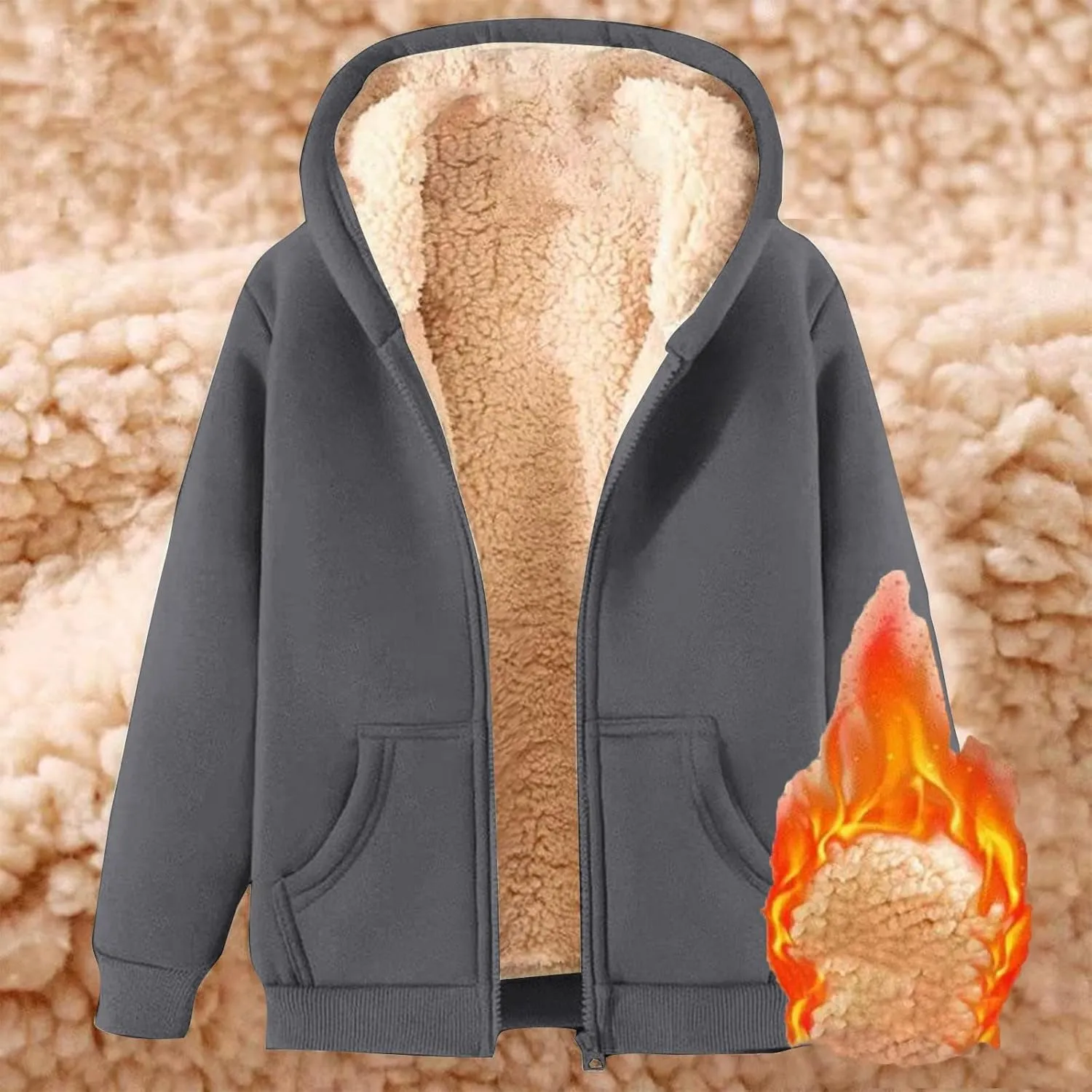 Thatrich Winter Fleece Jacket Men Sherpa Lined Coats Oversized Hooded Jackets Full Zip Casual Outwears Warm Winter Loose Coat