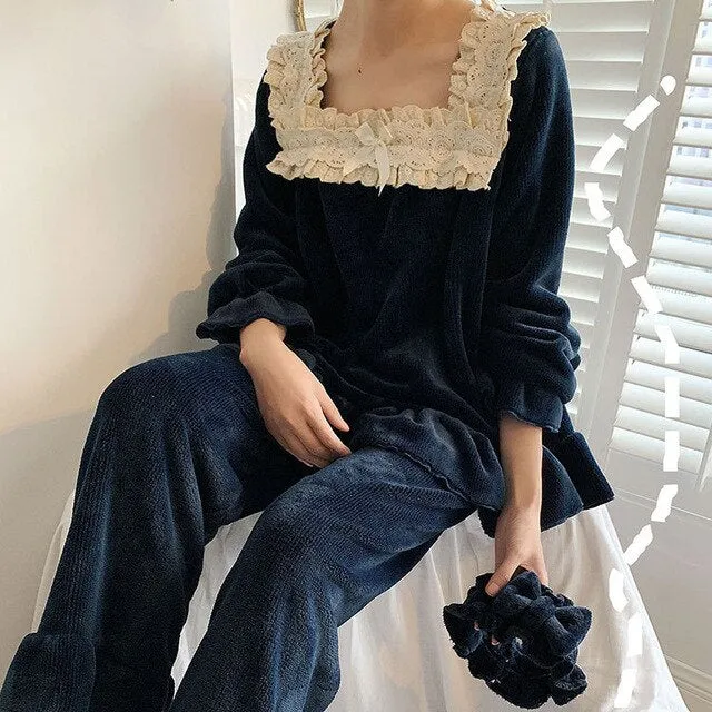Thick Warm Flannel Two Piece Set Sleepwear