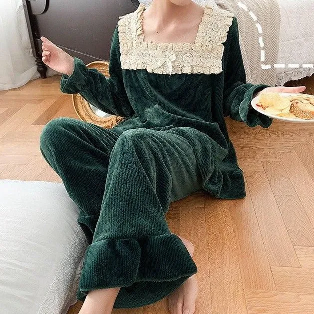 Thick Warm Flannel Two Piece Set Sleepwear