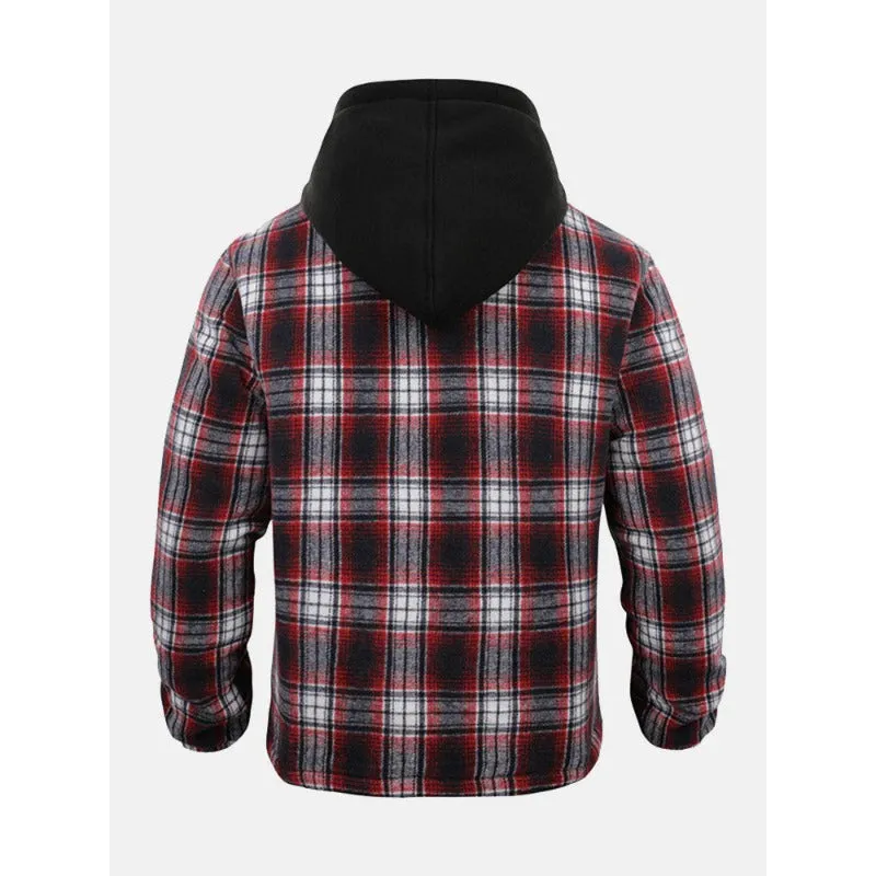 Thickened Jacket Quilted Lined Flannel Hooded Plaid Coat for Men Autumn and Winter