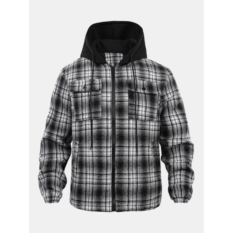 Thickened Jacket Quilted Lined Flannel Hooded Plaid Coat for Men Autumn and Winter