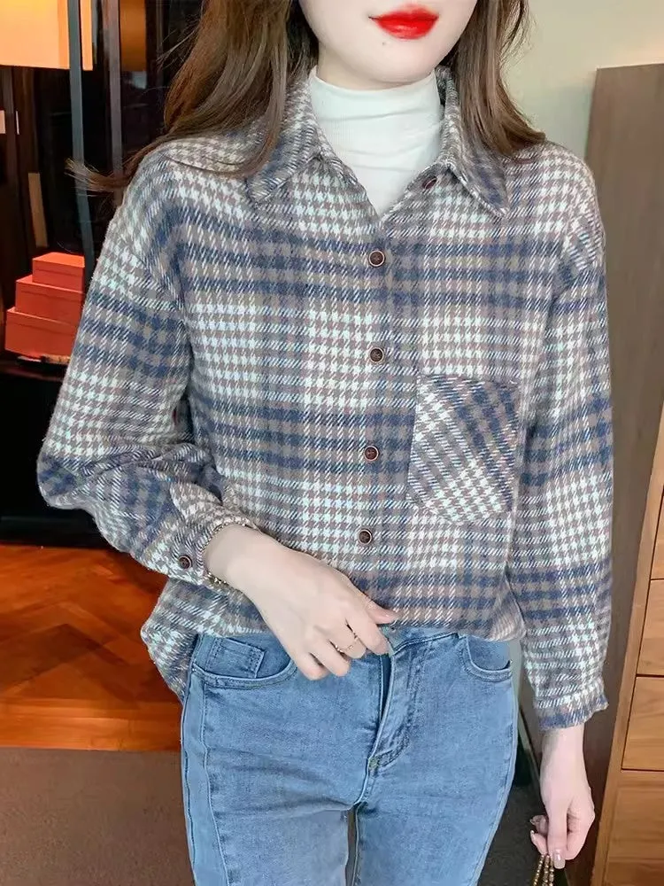 Thickened versatile layered brushed plaid shirt
