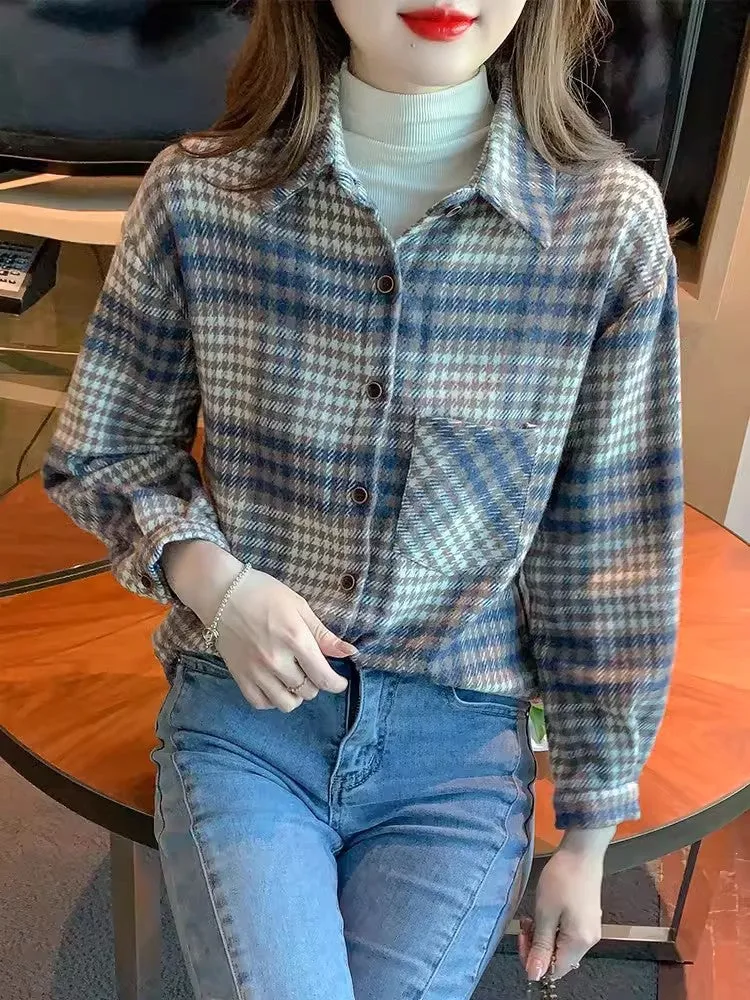 Thickened versatile layered brushed plaid shirt