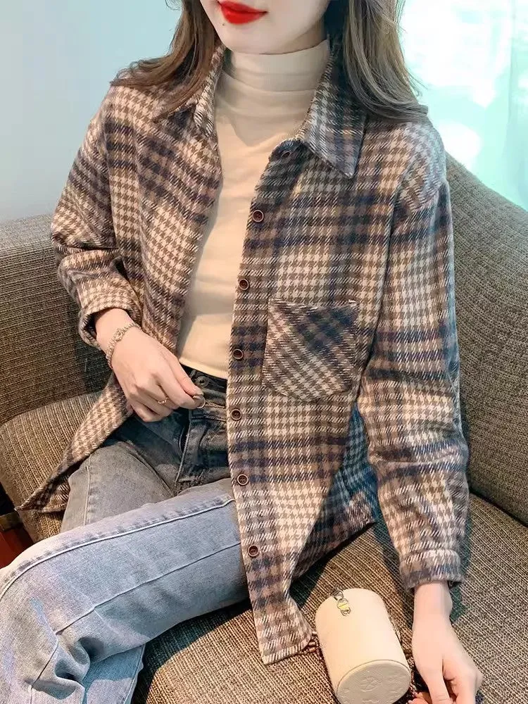 Thickened versatile layered brushed plaid shirt
