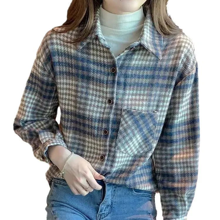 Thickened versatile layered brushed plaid shirt