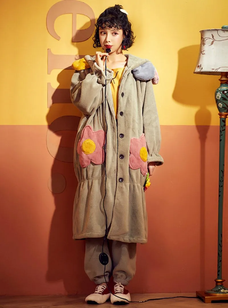 THICKENED WARM CORAL FLEECE TWO-PIECE SUIT EXTENDED ROBE