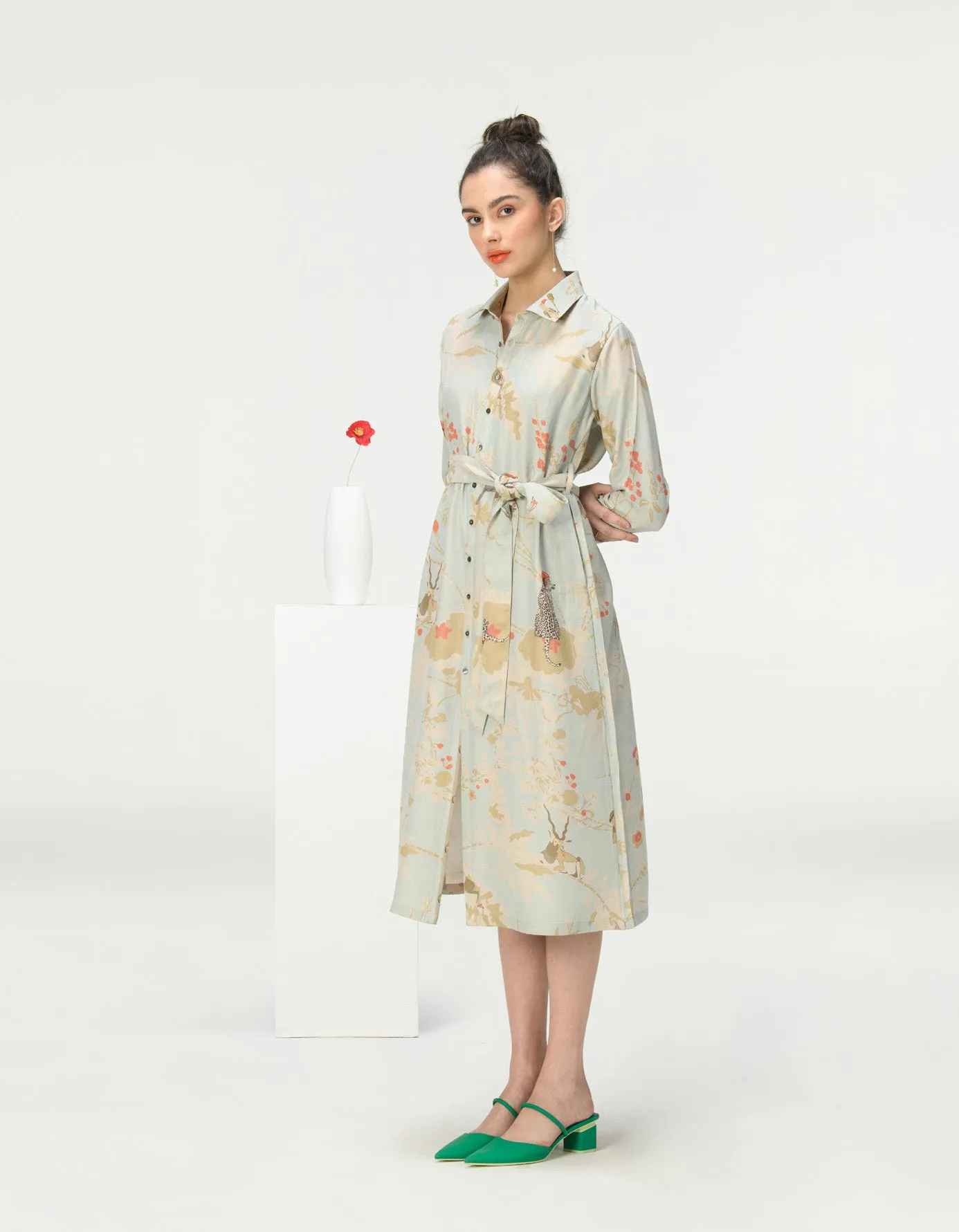 Tie Belt Shirt Dress Muga Satin Ice Blue