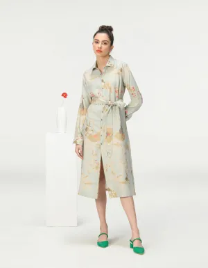 Tie Belt Shirt Dress Muga Satin Ice Blue