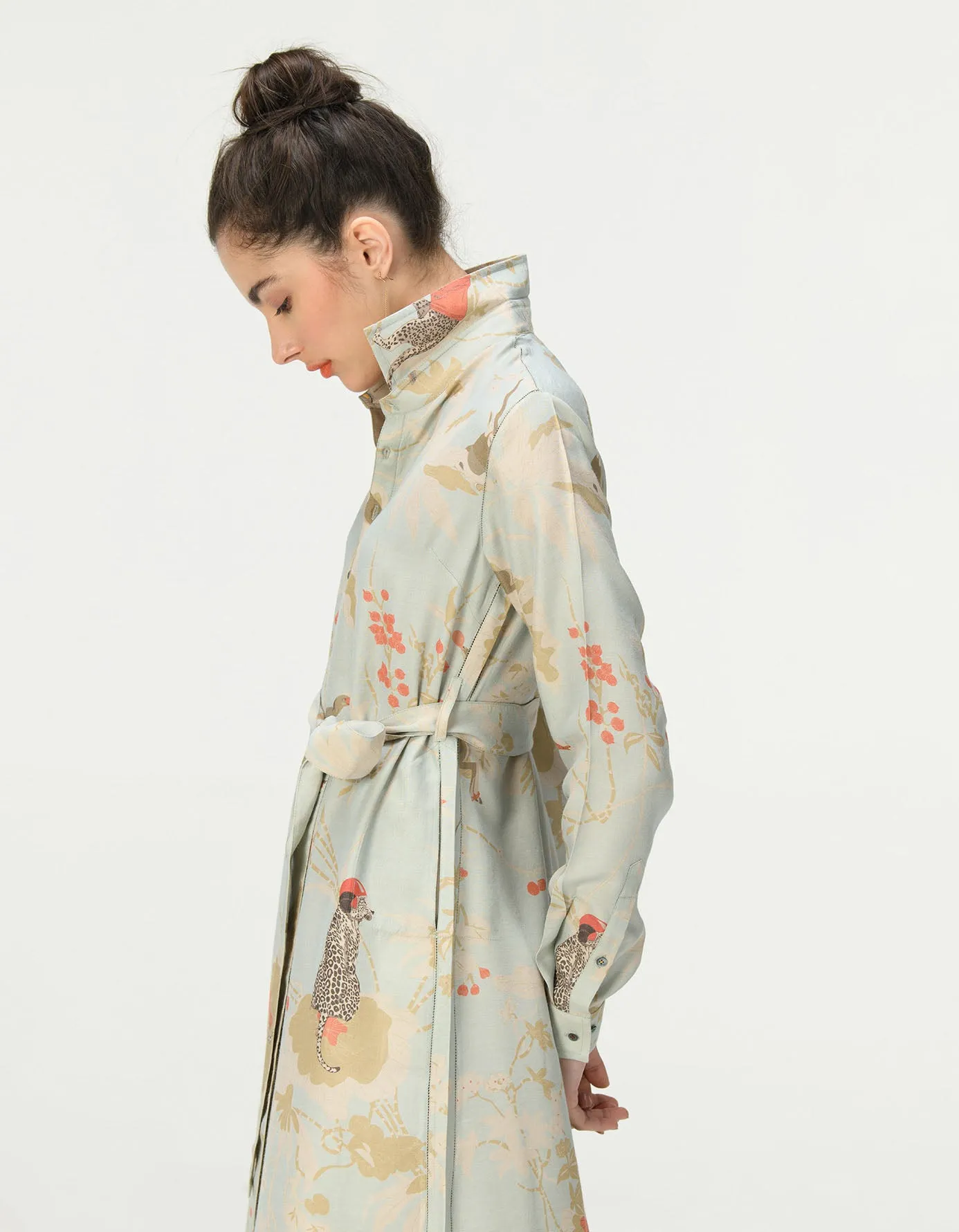 Tie Belt Shirt Dress Muga Satin Ice Blue