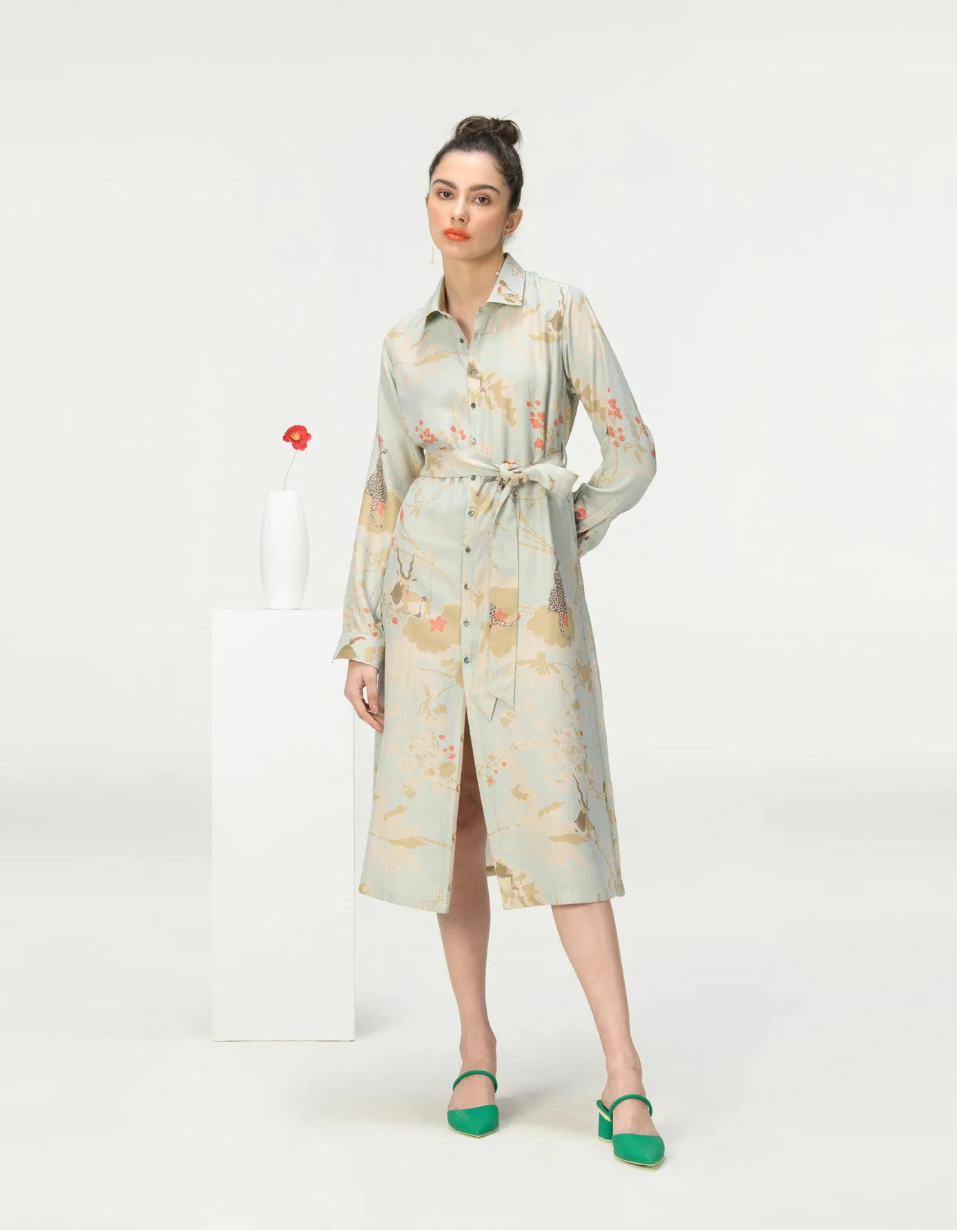 Tie Belt Shirt Dress Muga Satin Ice Blue