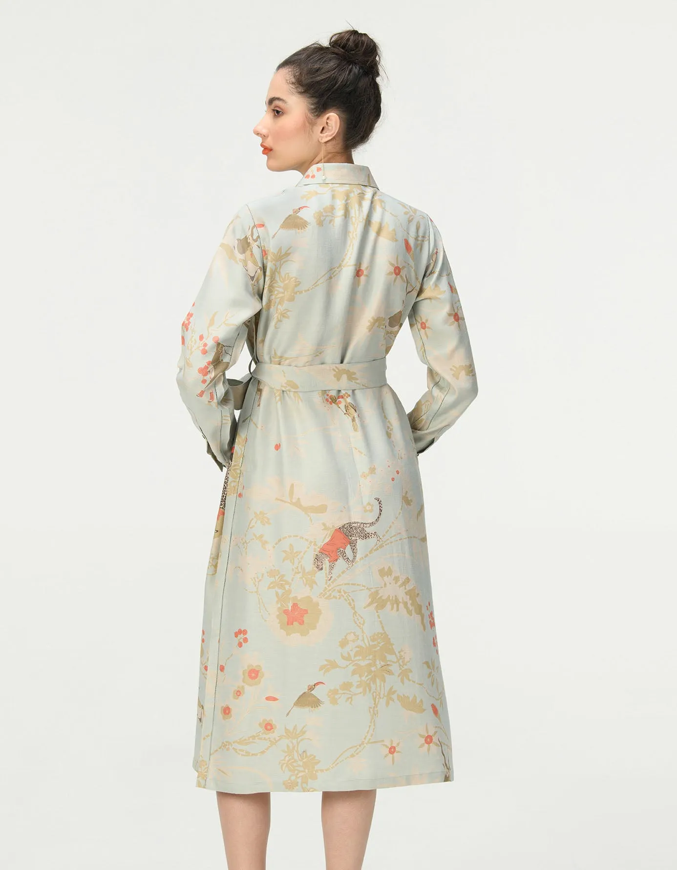 Tie Belt Shirt Dress Muga Satin Ice Blue