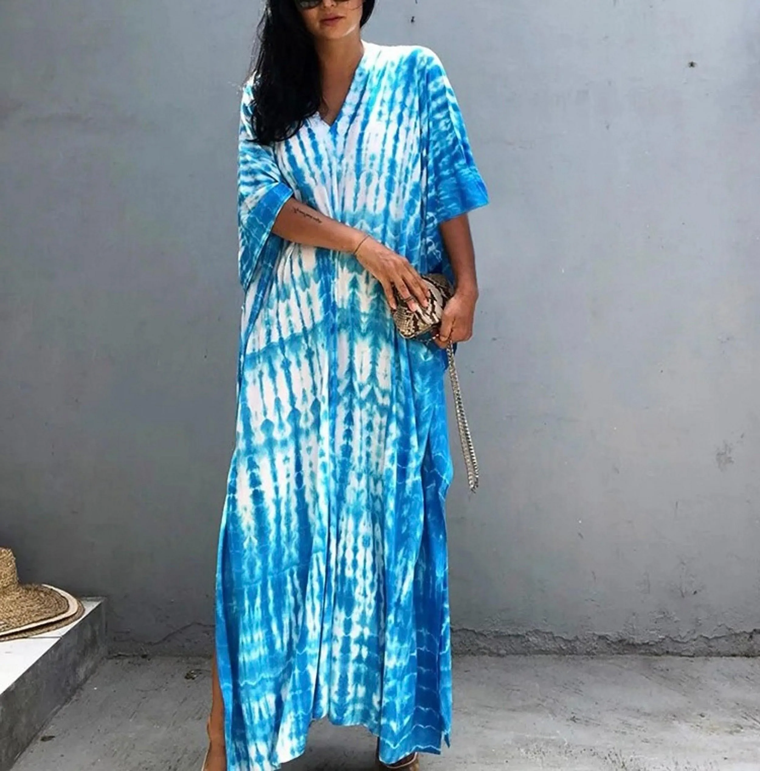 Tie Dye Boho Kaftan, Bohemian Kaftan Dress, Boho Retro Striped Tie Dye Women Swimsuit Cover Up, Beach Dress Kaftan