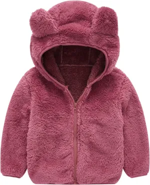 Toddler Baby Bear Ears Fleece Hooded Jacket Boy Girl Fuzzy Teddy Coat Zip up Hoodie Sweatshirt Winter Warm Outwear