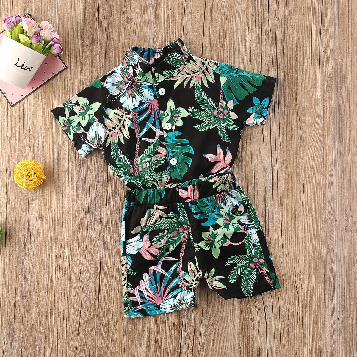 Toddler Baby Boys Summer Shorts Set Floral Outfits Button Down Shirt Top Bermuda Shorts Hawaiian Clothes 2 PCS