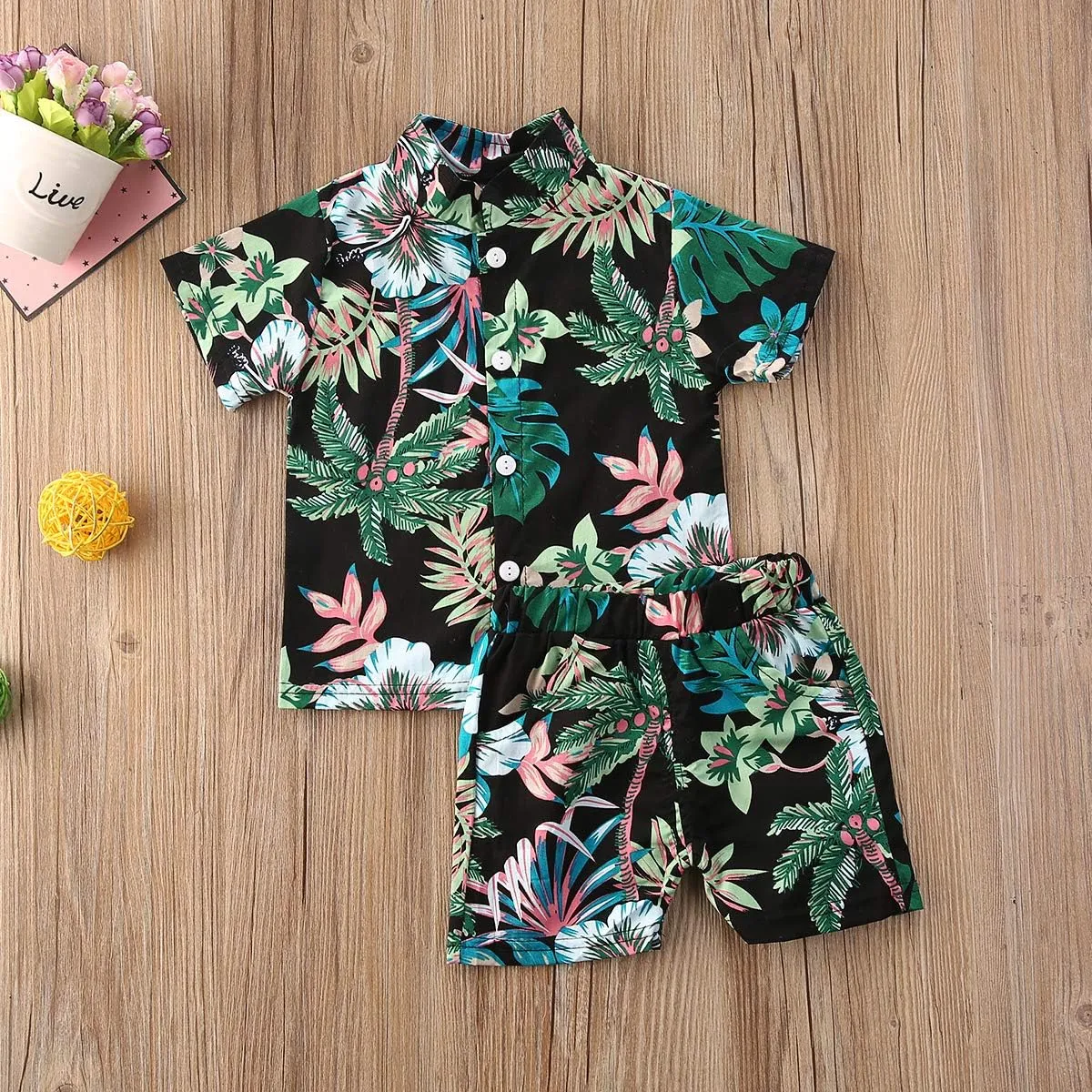 Toddler Baby Boys Summer Shorts Set Floral Outfits Button Down Shirt Top Bermuda Shorts Hawaiian Clothes 2 PCS