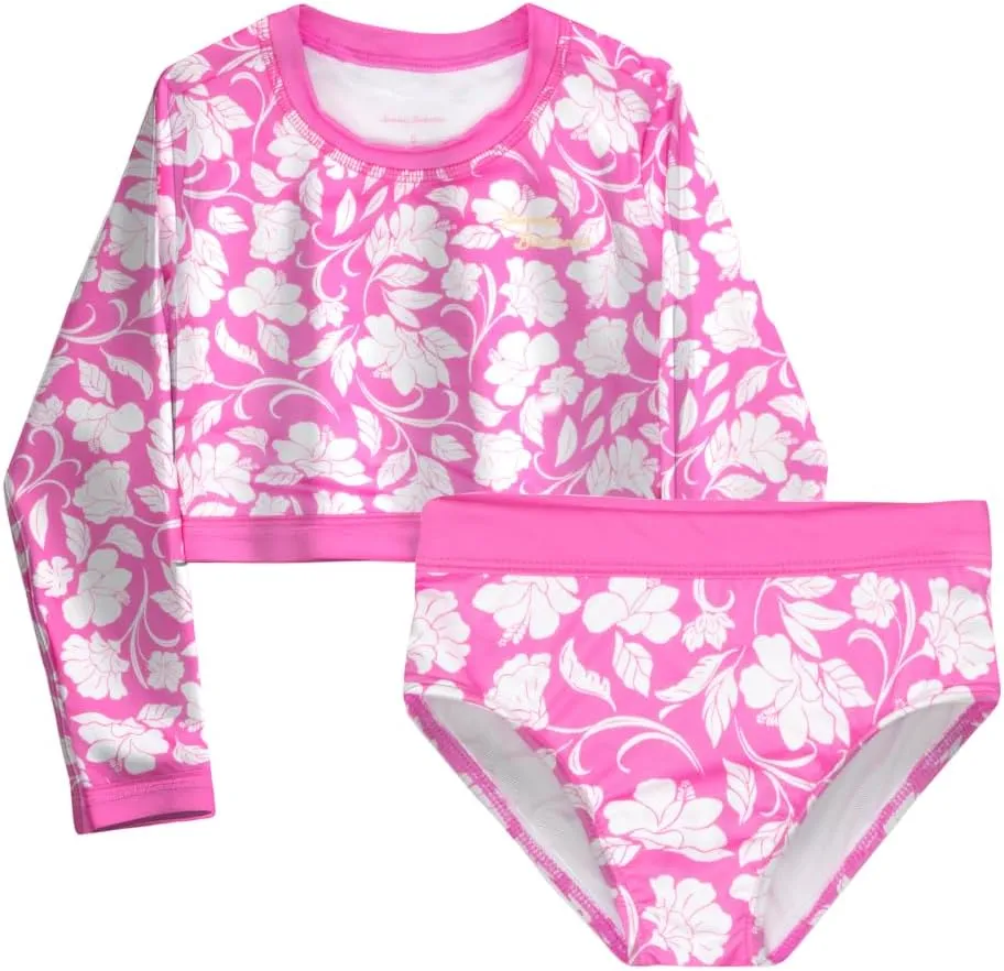 Tommy Bahama Girls 2-Piece Swimsuit Set, Cropped Long-Sleeved Rash Guard and Bikini Bottoms, Quick-Drying Swimwear for Kids