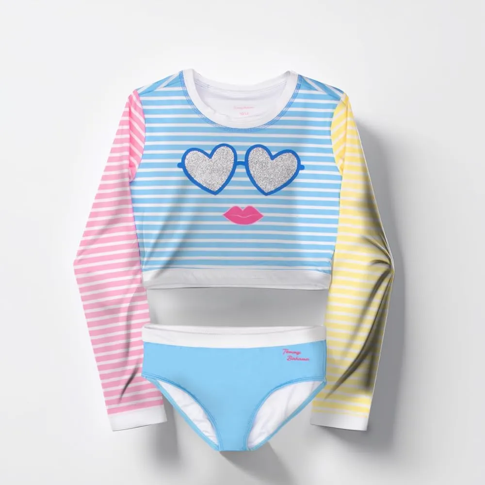 Tommy Bahama Girls 2-Piece Swimsuit Set, Cropped Long-Sleeved Rash Guard and Bikini Bottoms, Quick-Drying Swimwear for Kids