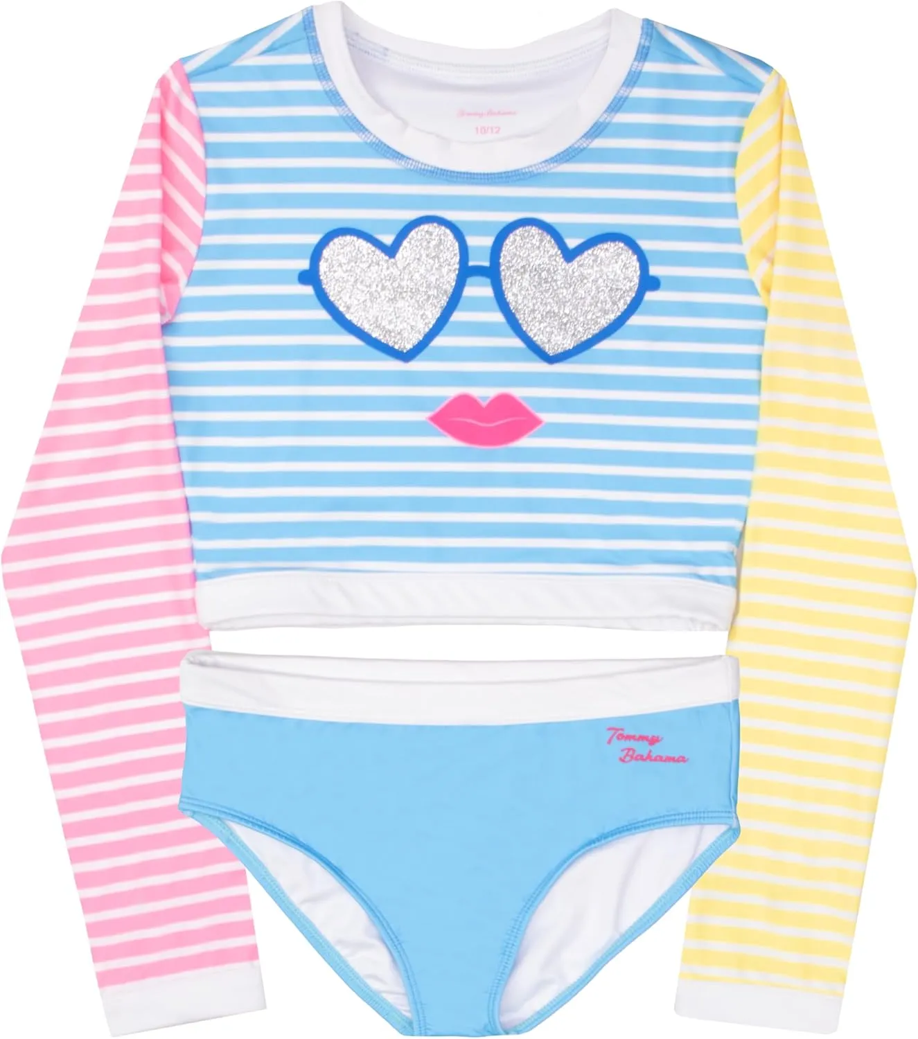 Tommy Bahama Girls 2-Piece Swimsuit Set, Cropped Long-Sleeved Rash Guard and Bikini Bottoms, Quick-Drying Swimwear for Kids