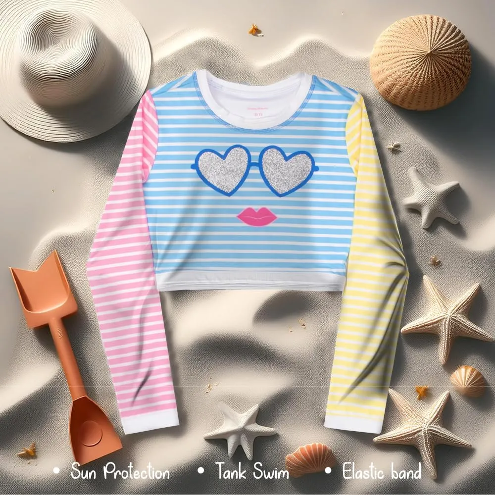 Tommy Bahama Girls 2-Piece Swimsuit Set, Cropped Long-Sleeved Rash Guard and Bikini Bottoms, Quick-Drying Swimwear for Kids