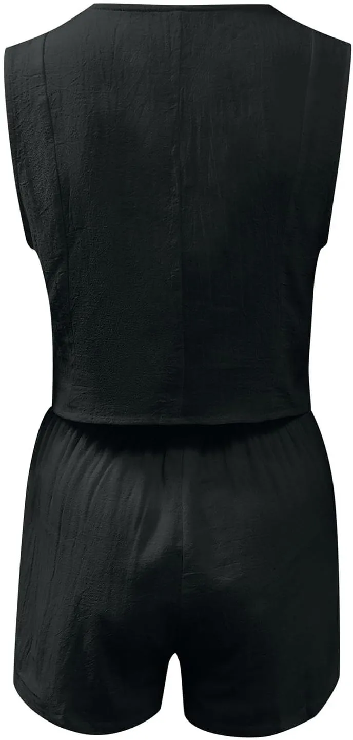 Trendy 2 Piece Blazer Sets for Women Sleeveless Button Down Waistcoat and High Waisted Shorts Casual Suit Set