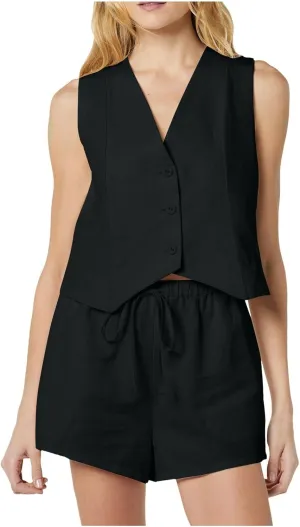 Trendy 2 Piece Blazer Sets for Women Sleeveless Button Down Waistcoat and High Waisted Shorts Casual Suit Set