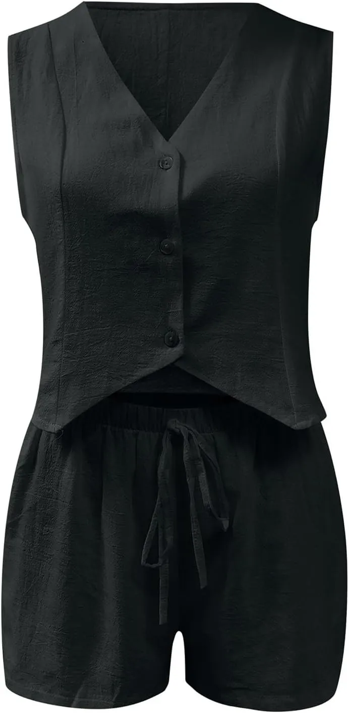 Trendy 2 Piece Blazer Sets for Women Sleeveless Button Down Waistcoat and High Waisted Shorts Casual Suit Set