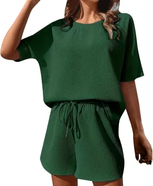 Trendy 2 Piece Outfits for Women Short Sleeve Sweatsuits Button Up Tops and Shorts Matching Sets for Casual Wear