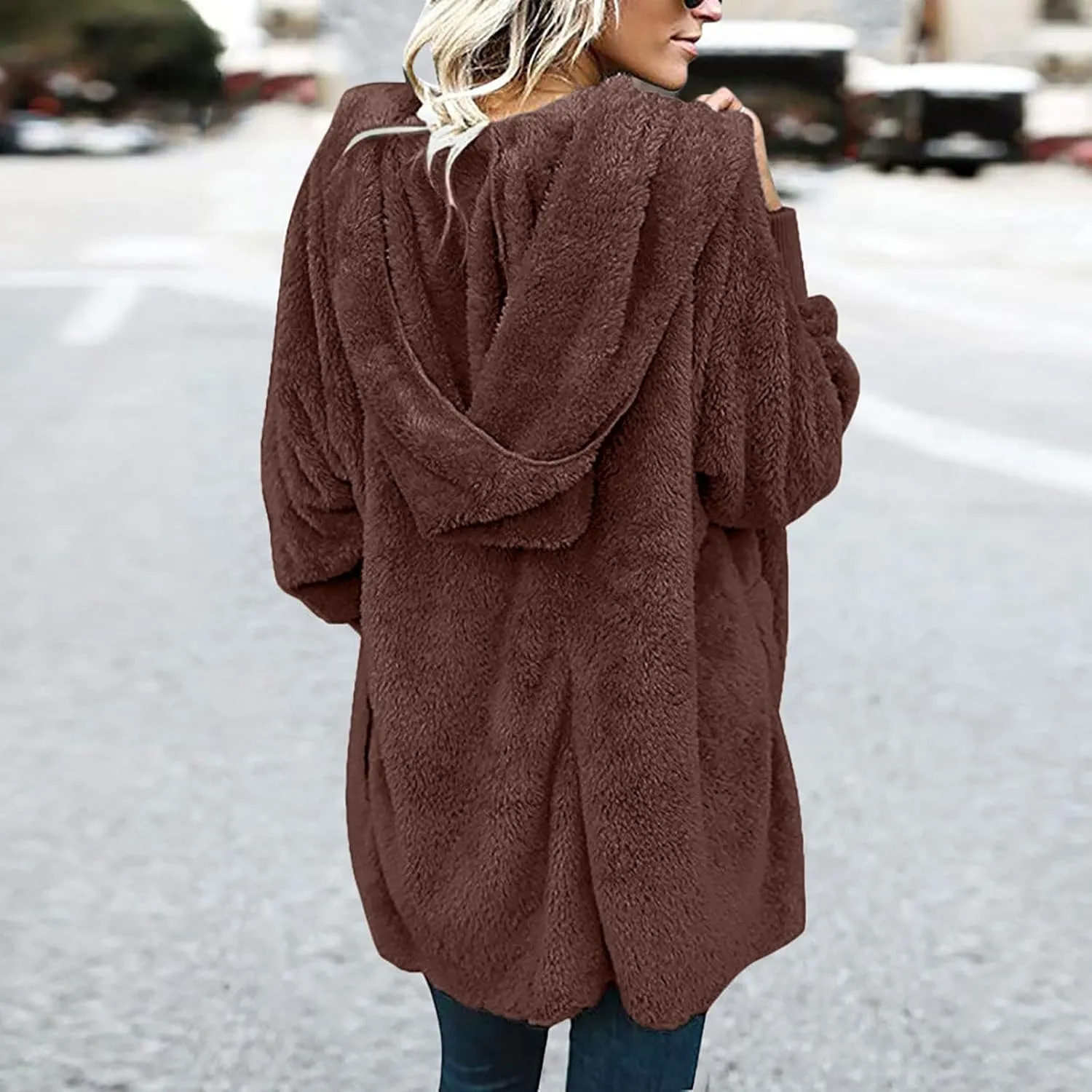 TUNUSKAT Womens Fleece Jacket Hooded Cardigan Winter Warm Open Front Fuzzy Coats Plus Size Cozy Furry Outerwear with Pockets