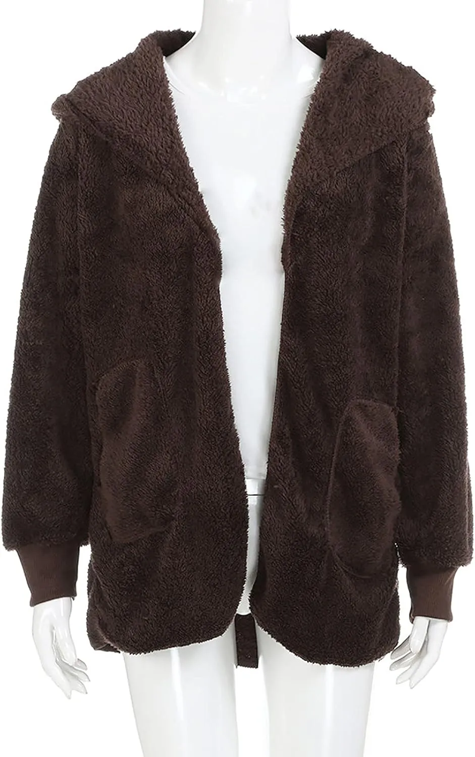 TUNUSKAT Womens Fleece Jacket Hooded Cardigan Winter Warm Open Front Fuzzy Coats Plus Size Cozy Furry Outerwear with Pockets