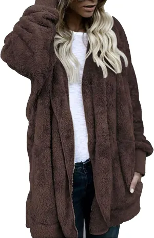 TUNUSKAT Womens Fleece Jacket Hooded Cardigan Winter Warm Open Front Fuzzy Coats Plus Size Cozy Furry Outerwear with Pockets