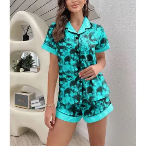 Turquoise Skull Gothic Sexy Pajama Sets With Short Sleeve