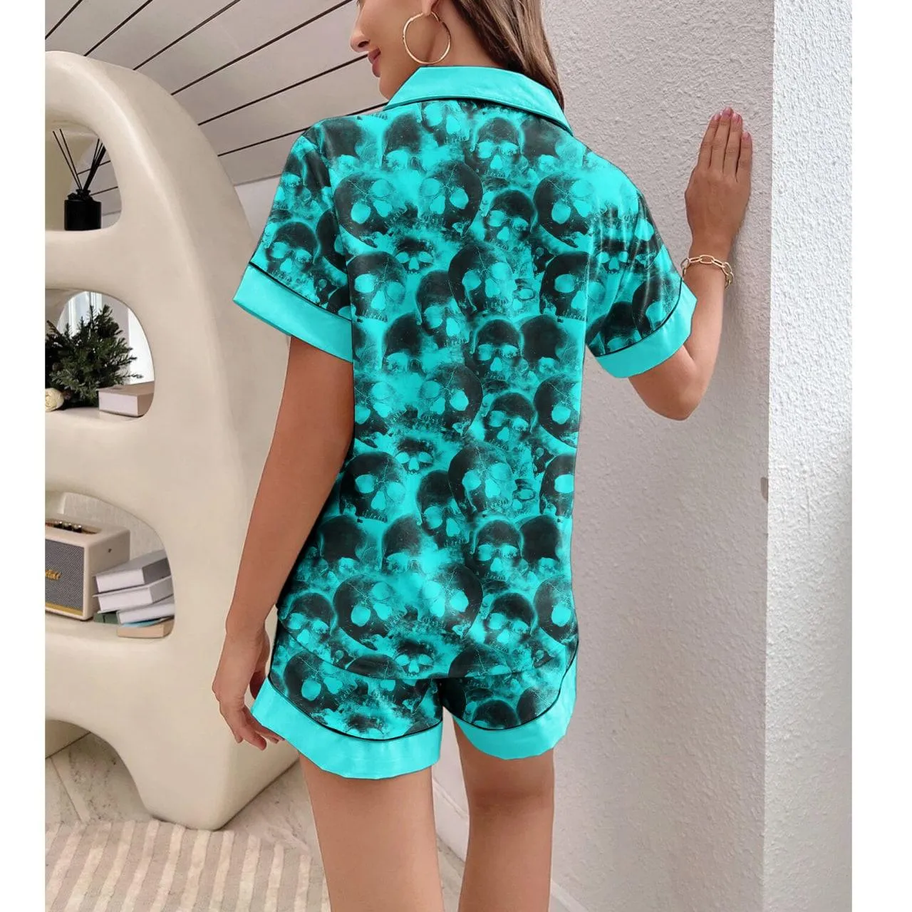 Turquoise Skull Gothic Sexy Pajama Sets With Short Sleeve