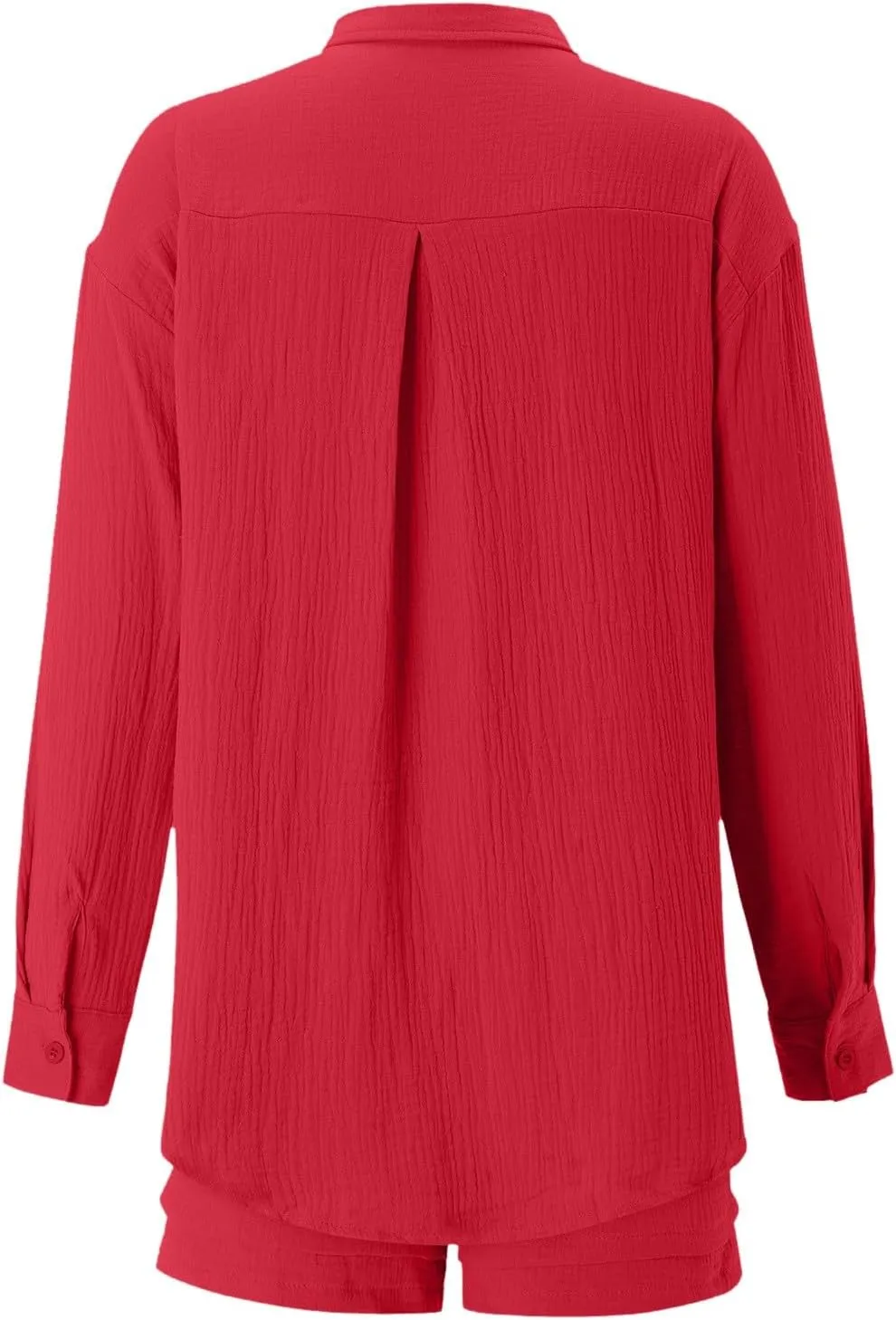 Two Piece Linen Sets for Women Long Sleeve Button Down Shirts and Drawstring Shorts Summer Beach Outfits