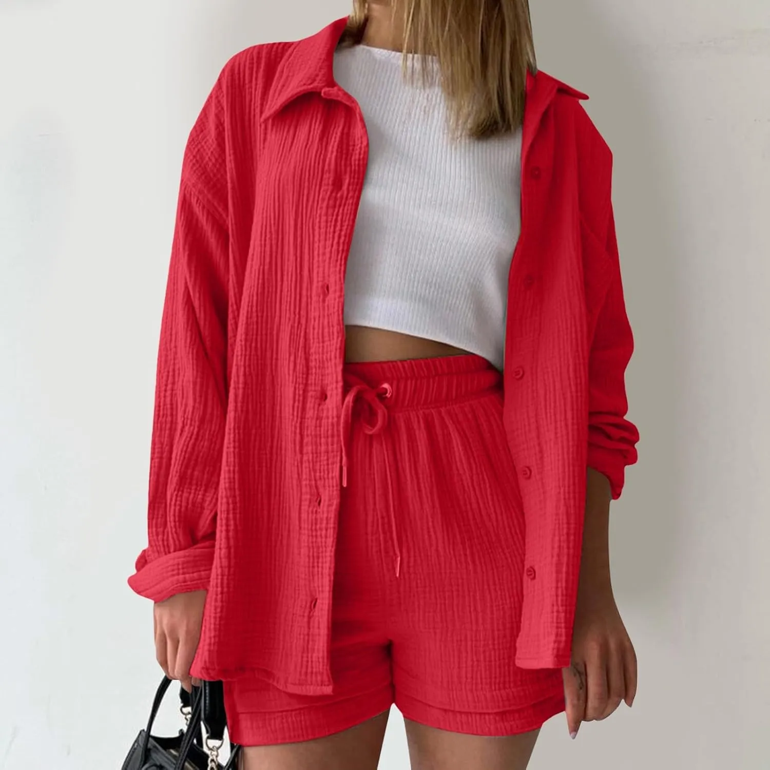 Two Piece Linen Sets for Women Long Sleeve Button Down Shirts and Drawstring Shorts Summer Beach Outfits