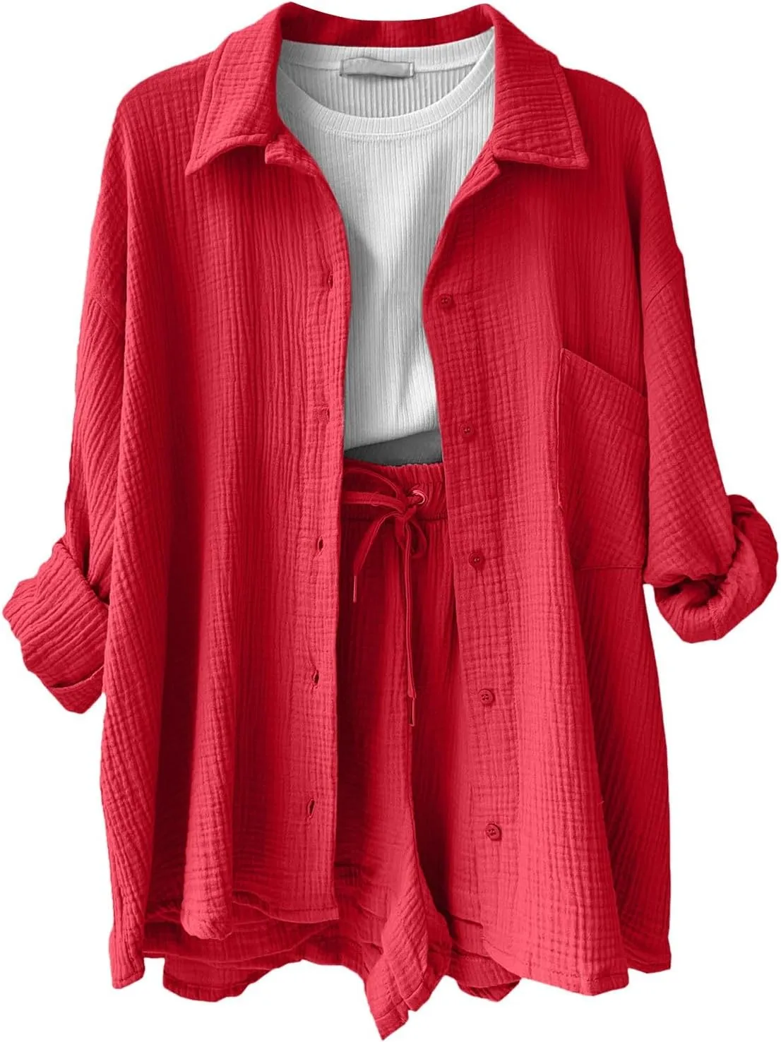 Two Piece Linen Sets for Women Long Sleeve Button Down Shirts and Drawstring Shorts Summer Beach Outfits