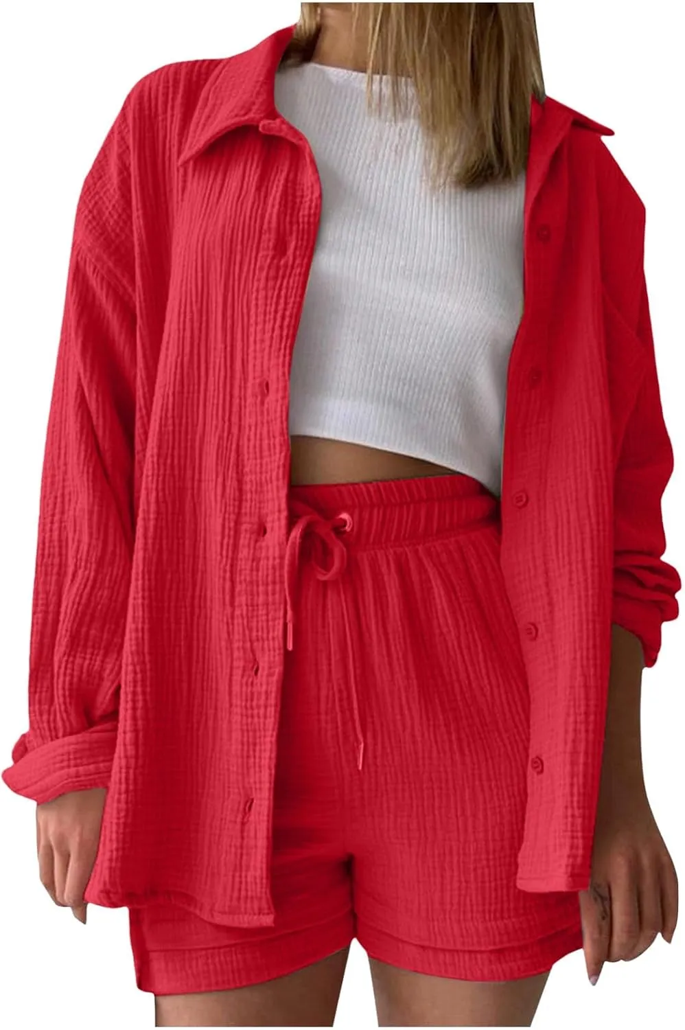 Two Piece Linen Sets for Women Long Sleeve Button Down Shirts and Drawstring Shorts Summer Beach Outfits