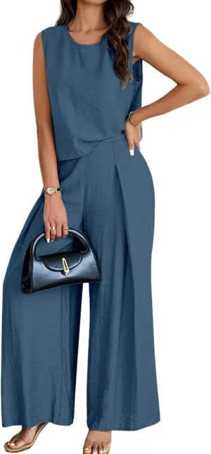 Two Piece Sets for Women Casual Lounge Matching Outfits Summer Loose Sleeveless Tank Tops High Waist Wide Leg Palazzo Pants