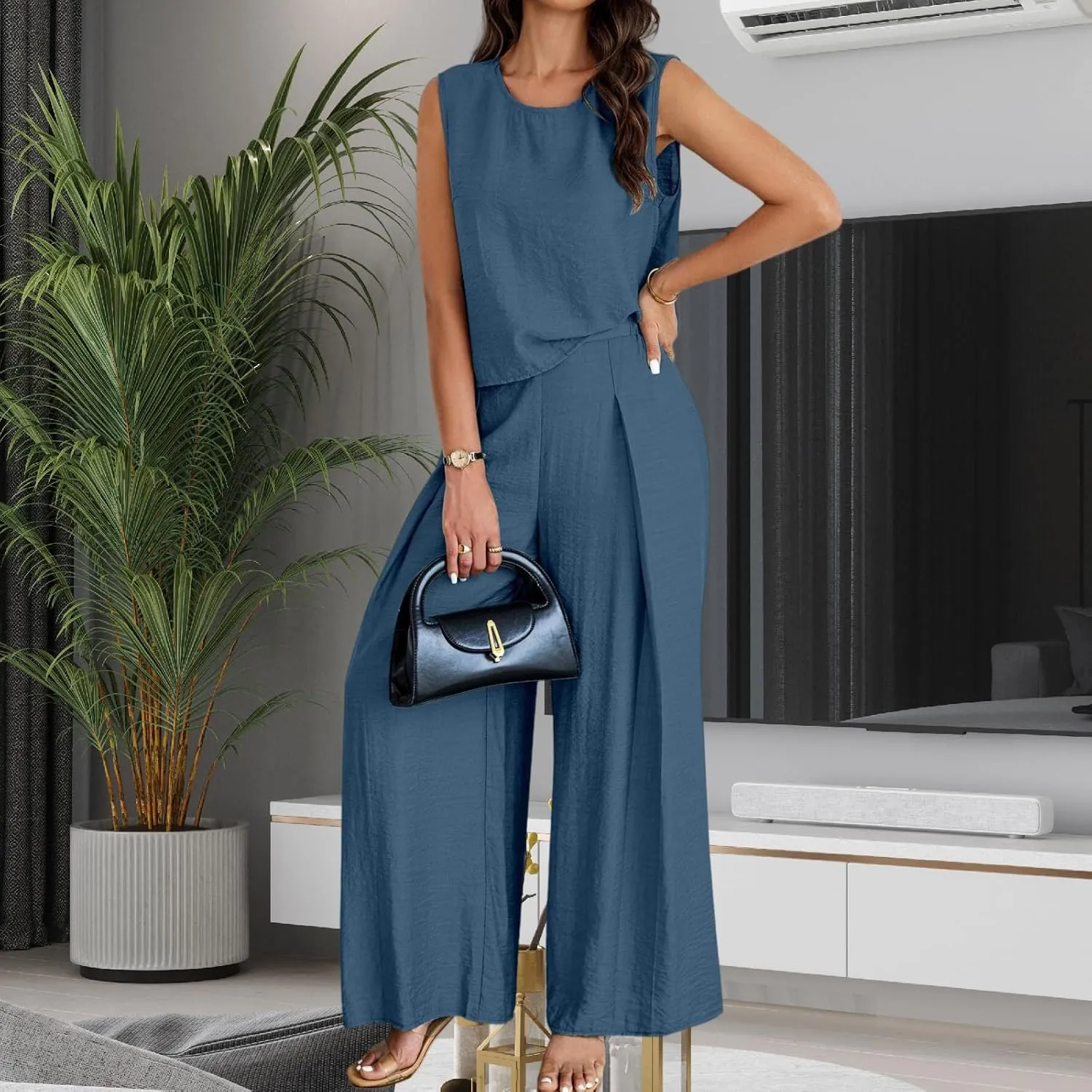 Two Piece Sets for Women Casual Lounge Matching Outfits Summer Loose Sleeveless Tank Tops High Waist Wide Leg Palazzo Pants