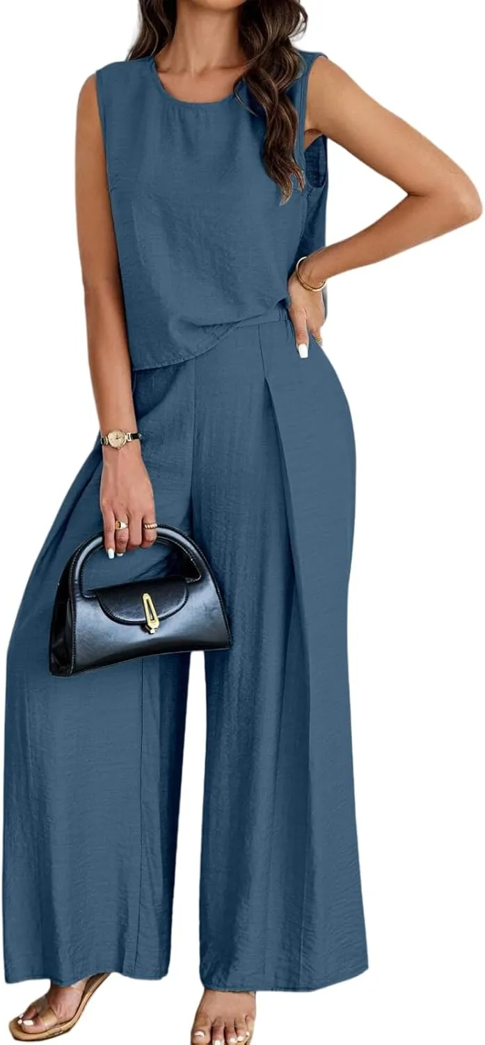 Two Piece Sets for Women Casual Lounge Matching Outfits Summer Loose Sleeveless Tank Tops High Waist Wide Leg Palazzo Pants