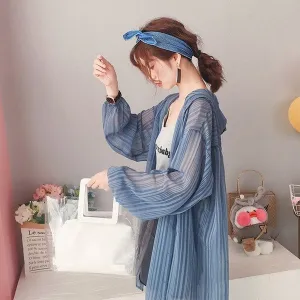 Ultra-thin ice silk mid-length hooded cardigan sun protection clothing