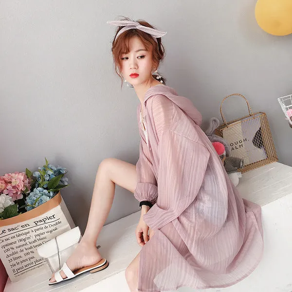 Ultra-thin ice silk mid-length hooded cardigan sun protection clothing