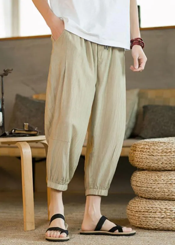 Unique Light Grey Elastic Waist Ice Silk Crop Pants Summer LY1951