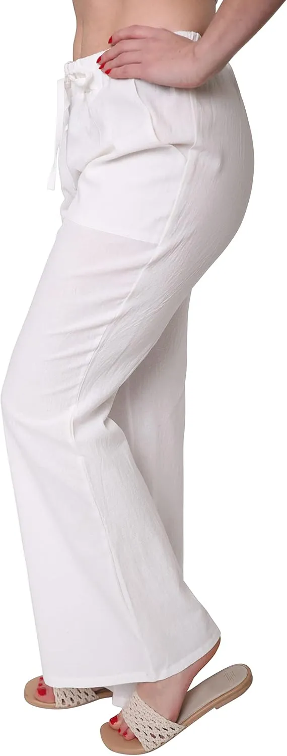 Unlimit Womens Casual Pants Wide Legs Cotton Linen, Soft Comfy Long Lounge Pants for Summer, Elastic Waist Trousers w Pockets