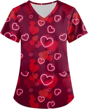 Valentine Scrub Tops Women Love Print V Neck Tee Scrub Top Working Uniform Tshirts Blouses with Pockets