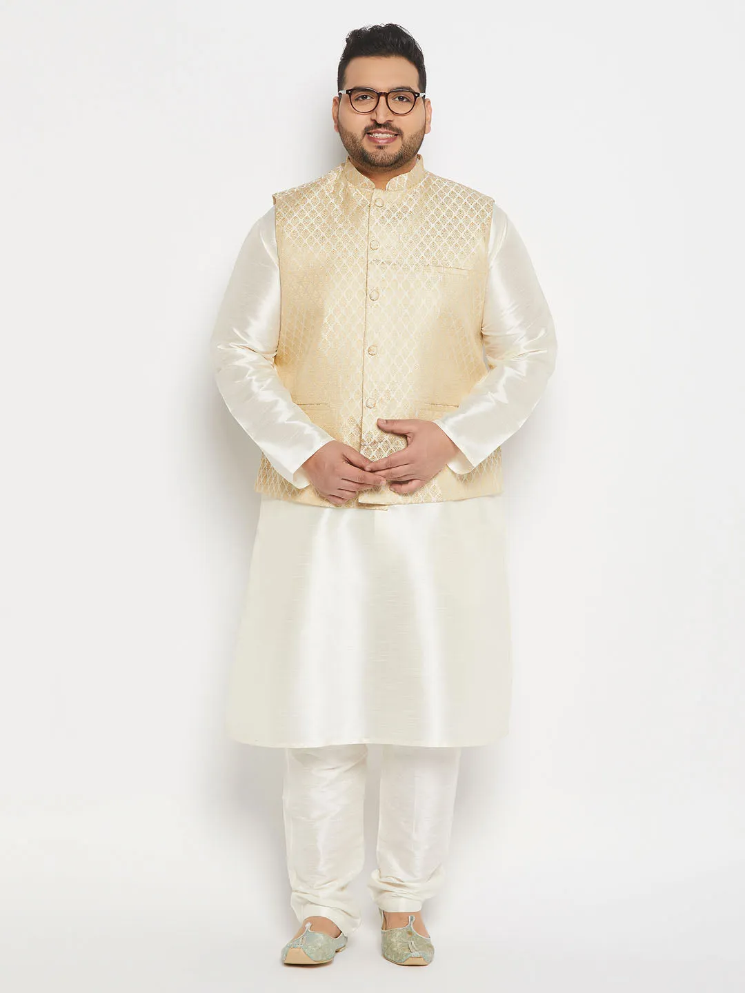 VASTRAMAY Cream and Gold Nehru Jacket