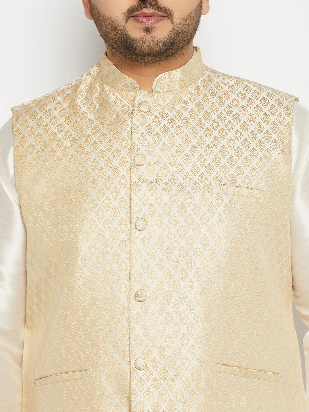 VASTRAMAY Cream and Gold Nehru Jacket