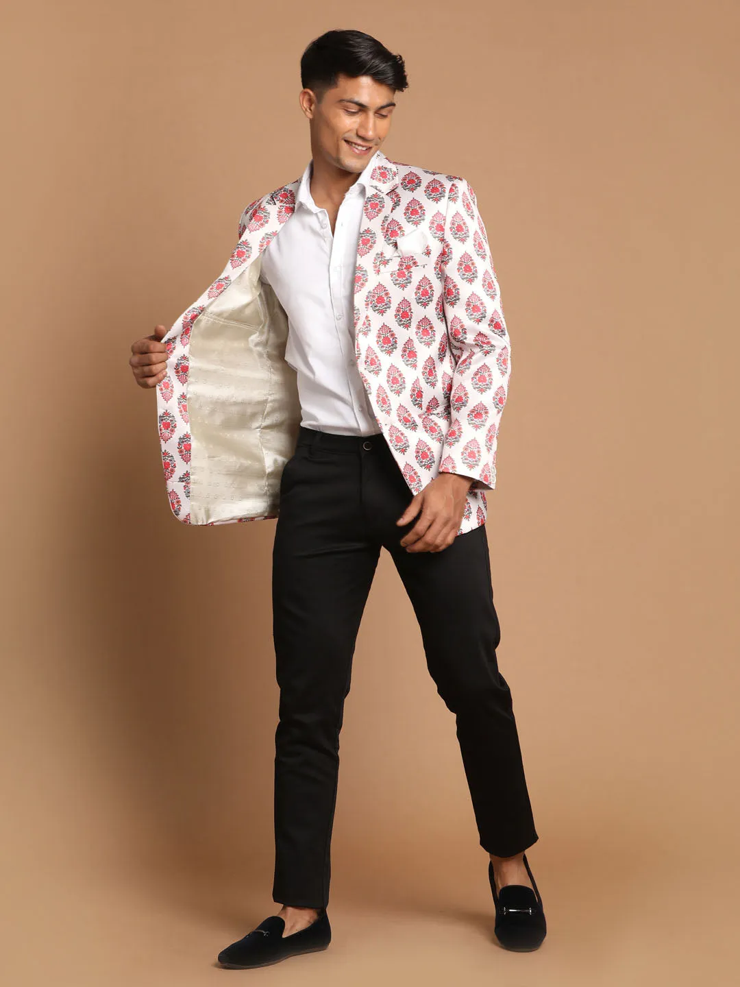 VASTRAMAY Men's Cream Base Multi-Color Printed Blazer