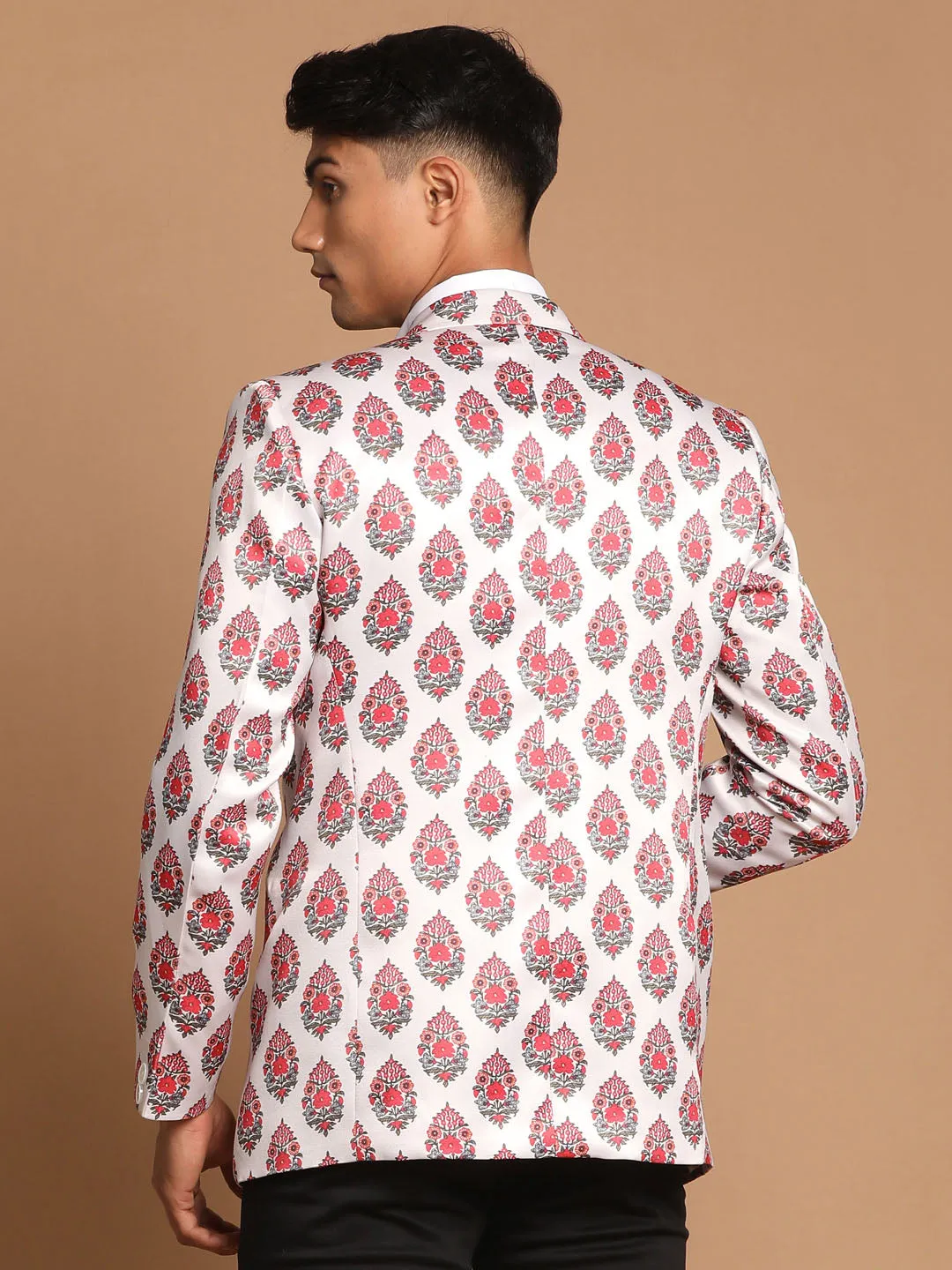 VASTRAMAY Men's Cream Base Multi-Color Printed Blazer