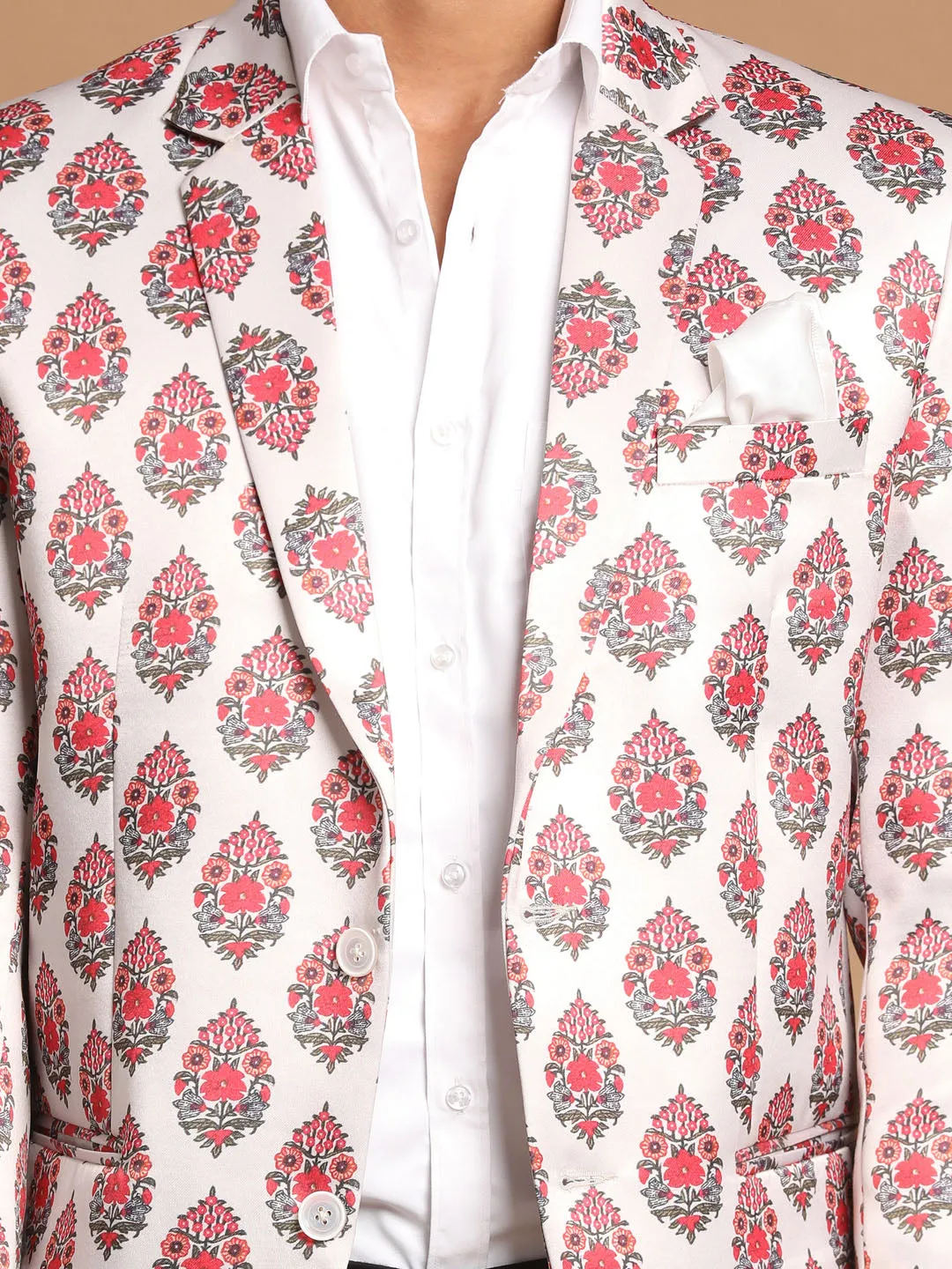 VASTRAMAY Men's Cream Base Multi-Color Printed Blazer